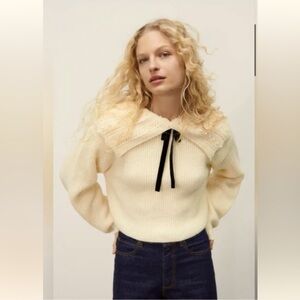 Zara Romantic Knit Sweater w Oversized Collar Embellished with Pearls and Bow -S